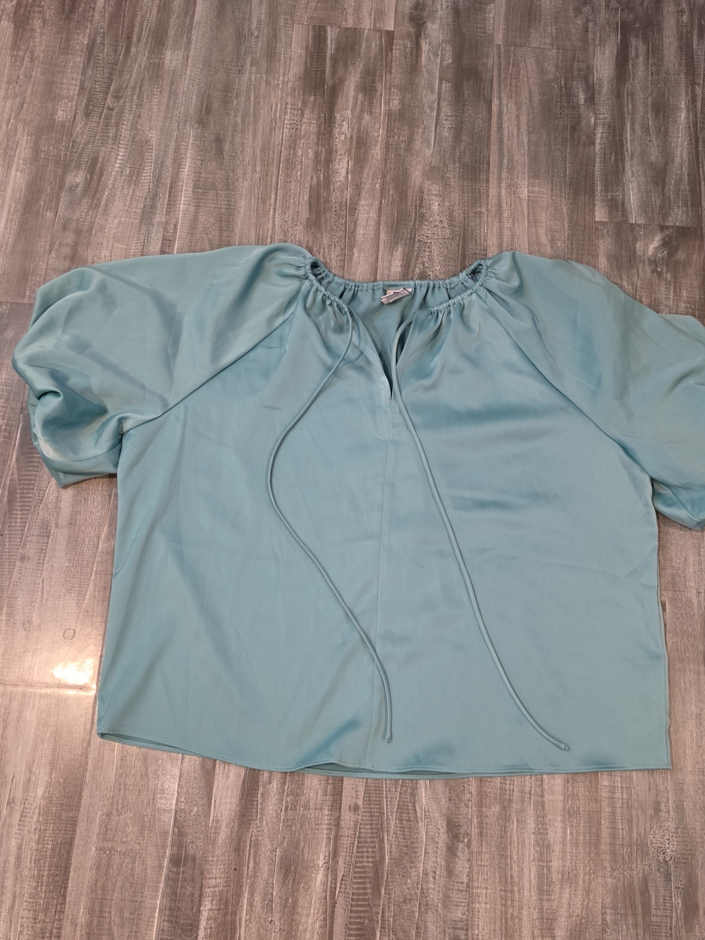 Worthington Light Aqua Tie-Neck Puff Sleeve Blouse